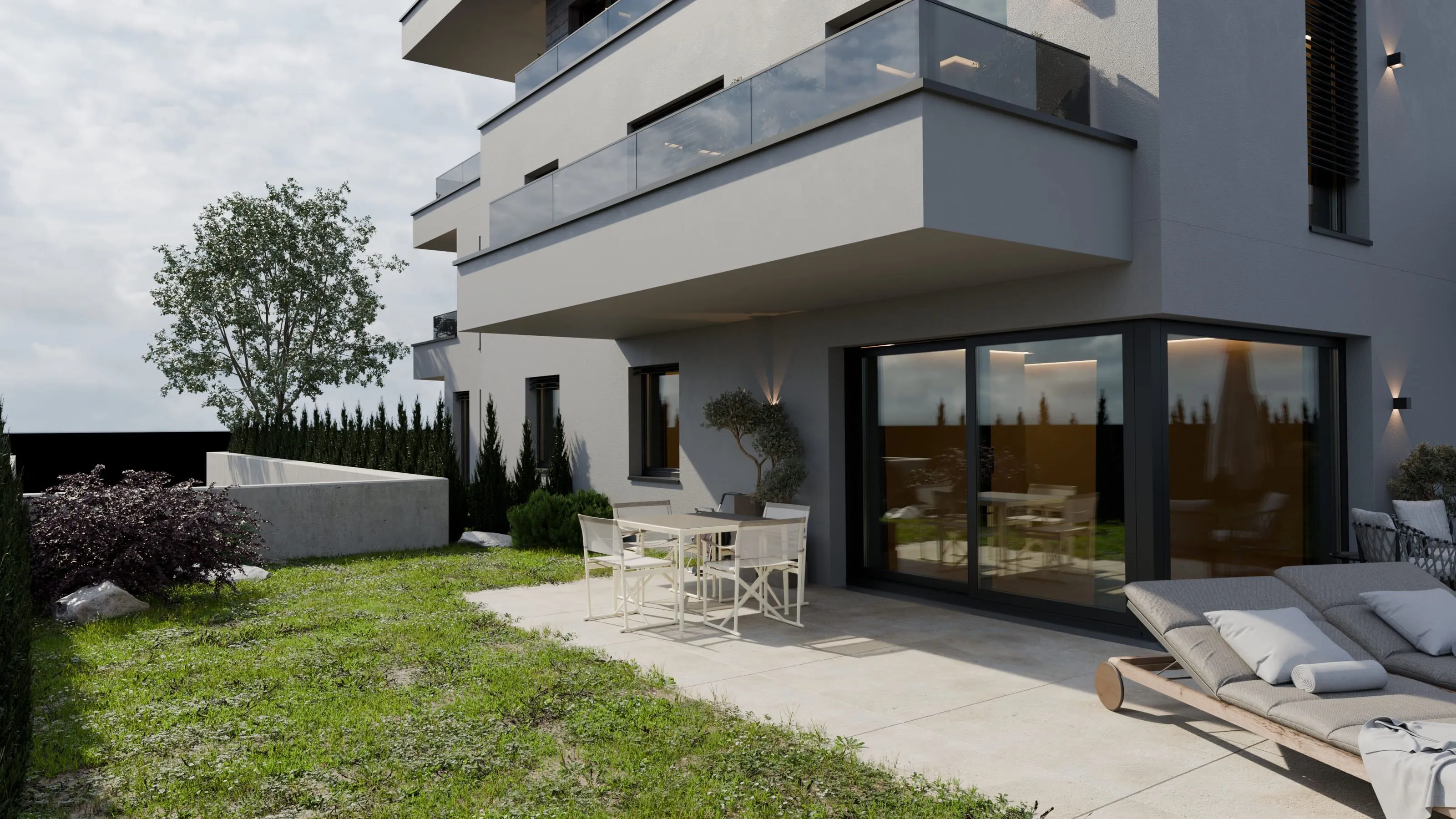 Visualisierung der Gartenterrasse im Erdgeschoss, darüber Balkone mit Glasgeländer